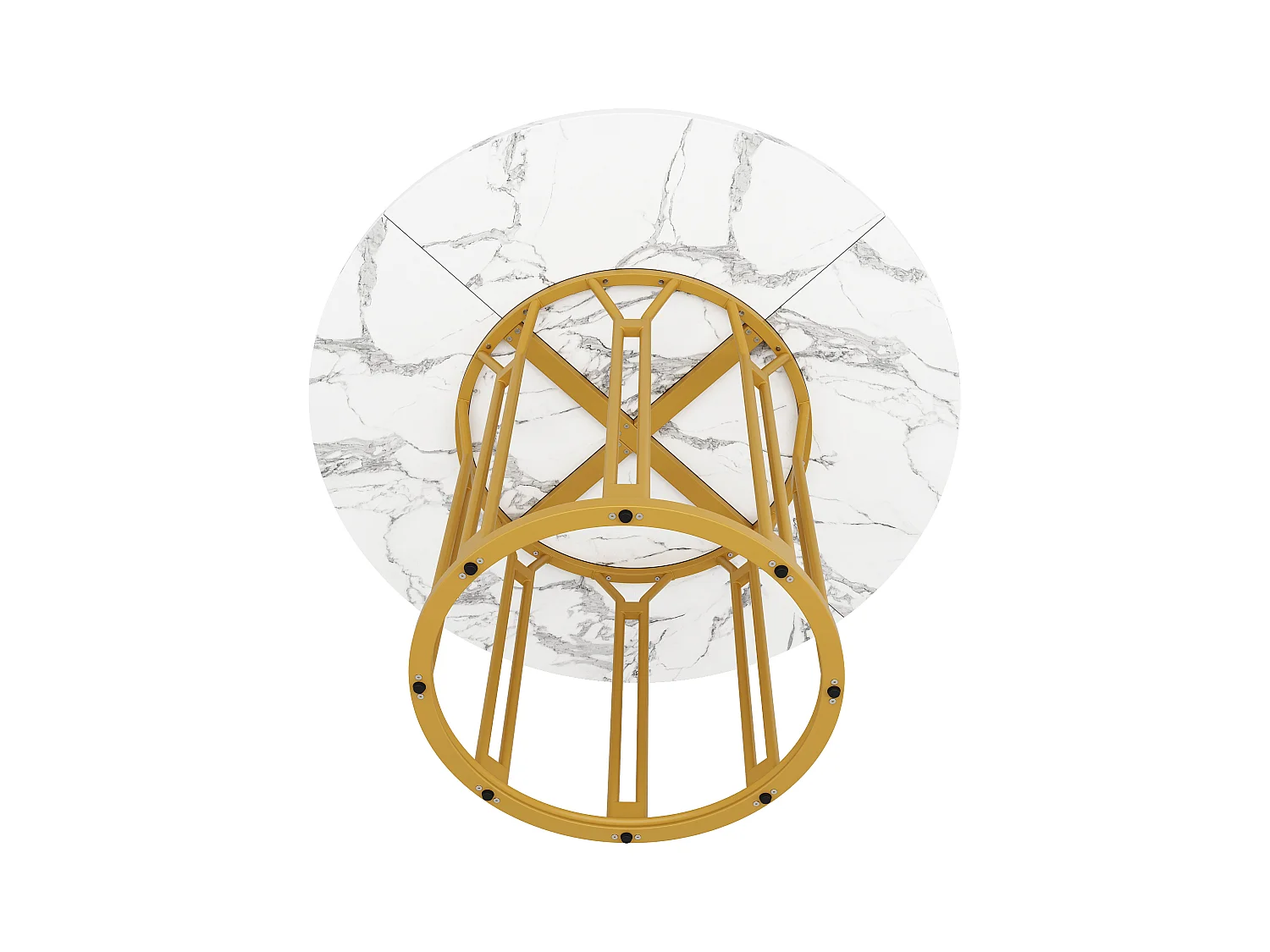 Mesa de comedor redonda, diseño moderno con base de metal, tapa de mármol, MDF y metal, color dorado y negro (100x100x74cm)