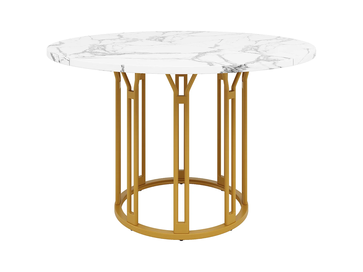 Mesa de comedor redonda, diseño moderno con base de metal, tapa de mármol, MDF y metal, color dorado y negro (100x100x74cm)