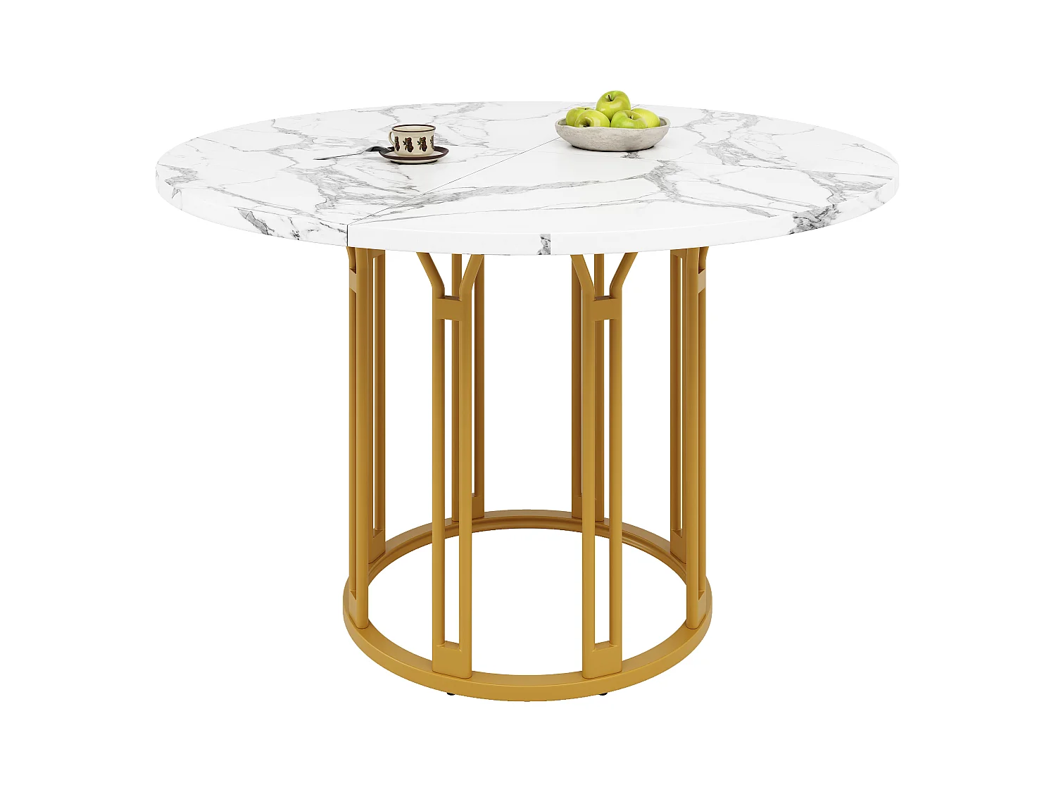 Mesa de comedor redonda, diseño moderno con base de metal, tapa de mármol, MDF y metal, color dorado y negro (100x100x74cm)