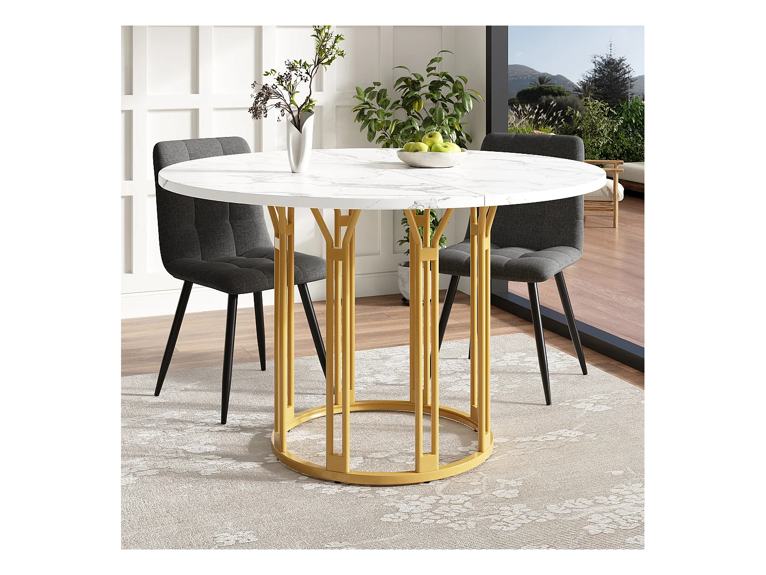Table à manger ronde, design moderne avec piètement métallique, plateau marbré, MDF et métal, or et noir (100x100x74cm)