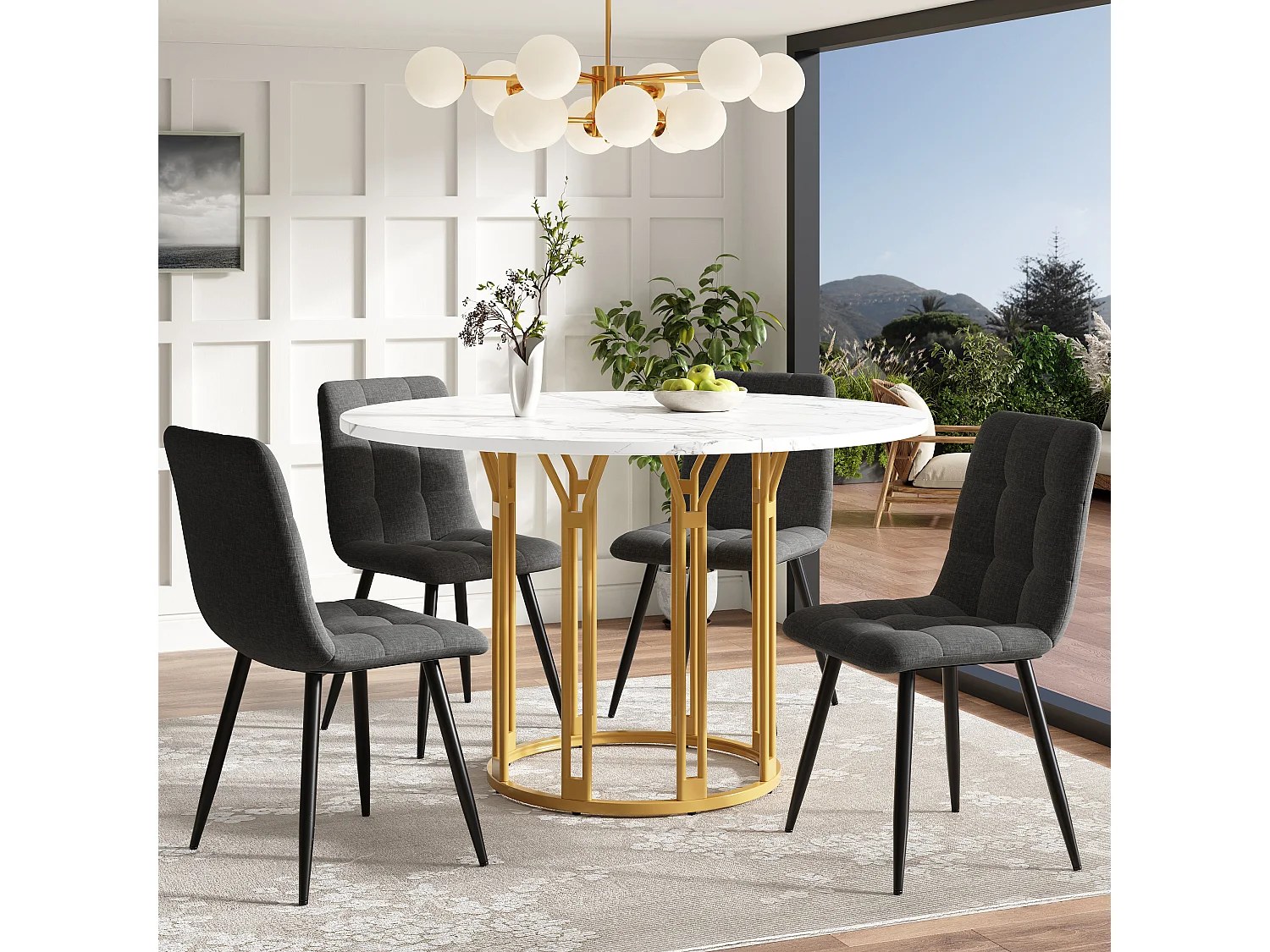 Table à manger ronde, design moderne avec piètement métallique, plateau marbré, MDF et métal, or et noir (100x100x74cm)