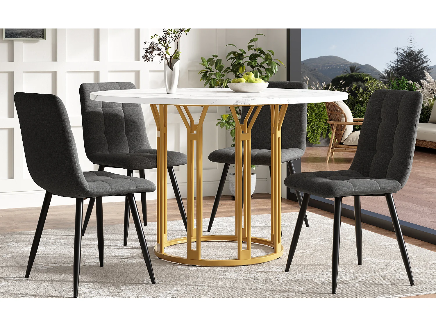 Table à manger ronde, design moderne avec piètement métallique, plateau marbré, MDF et métal, or et noir (100x100x74cm)