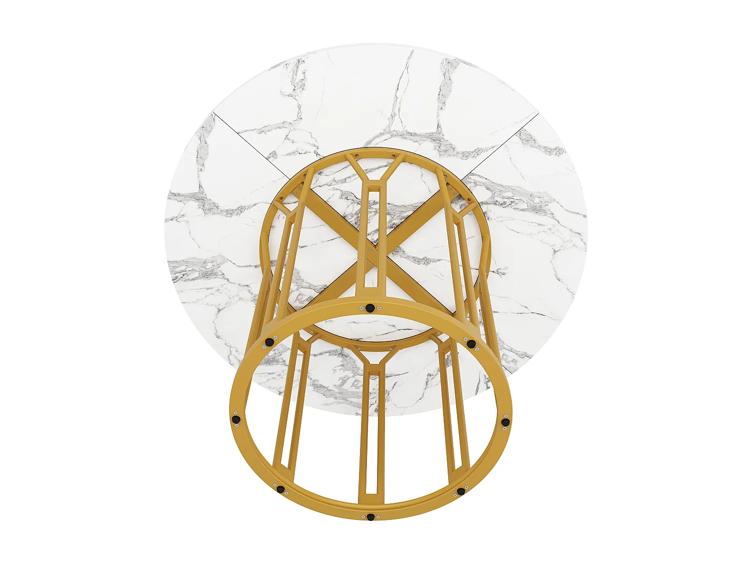 Table à manger ronde, design moderne avec piètement métallique, plateau marbré, MDF et métal, or et noir (100x100x74cm)