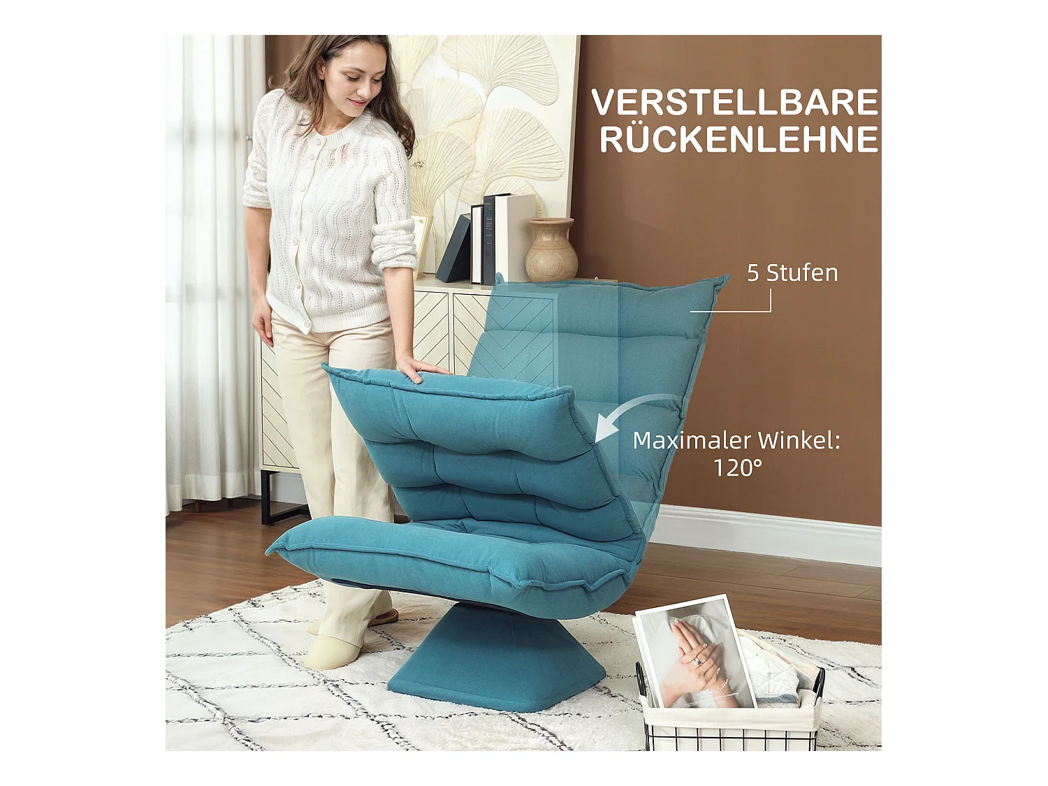 Verstelbare draaibare vloerstoel, elegant design, staal, blauw, met verstelbare rugleuning (62x70x95cm)