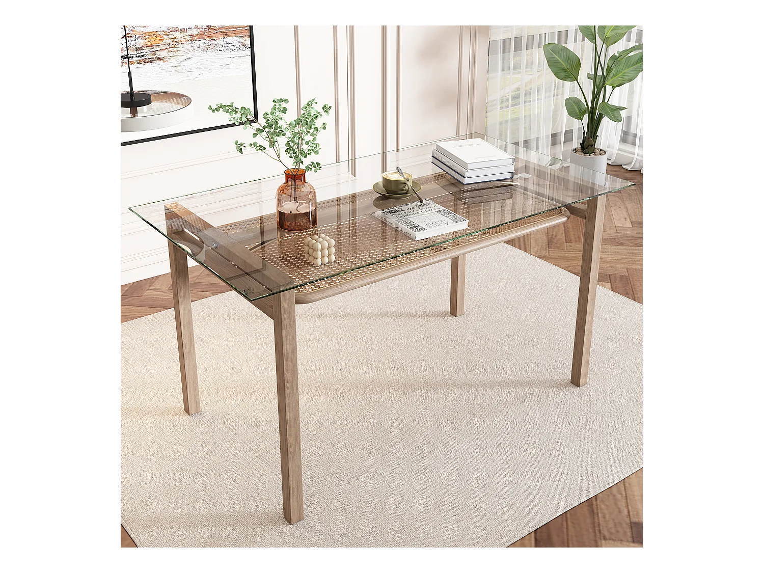 Table à manger avec rangement, plateau en verre trempé et design en rotin, style moderne, beige (110x65x74 cm)