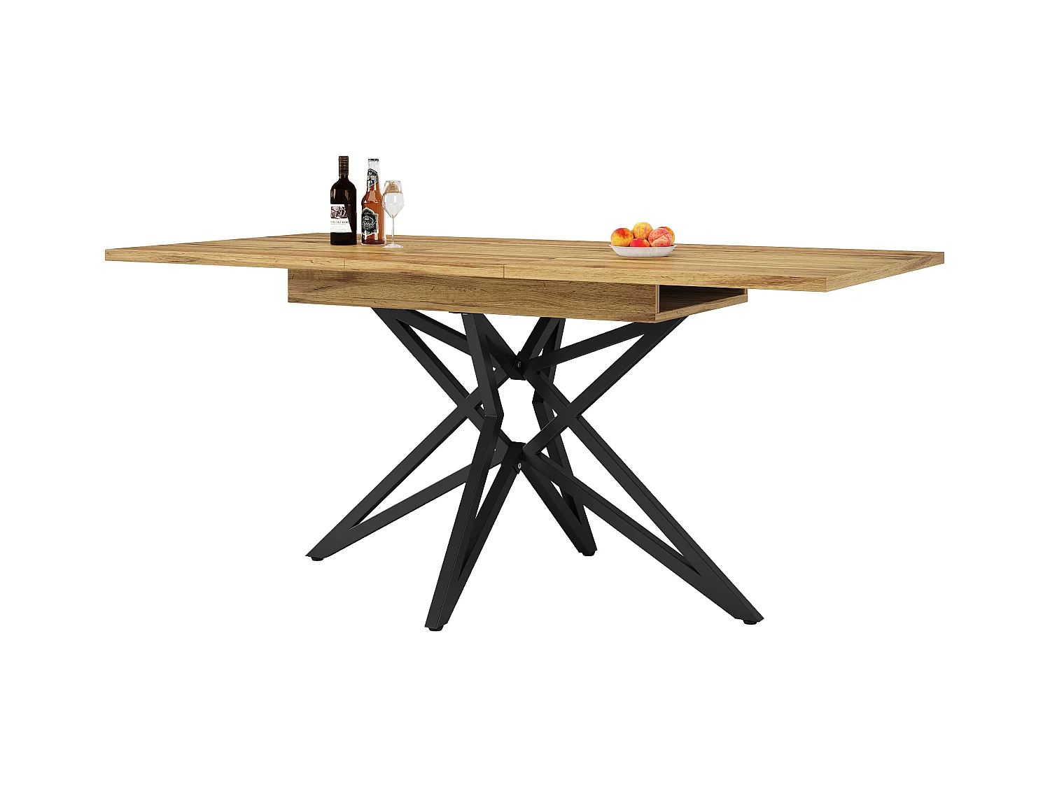 tavolo da pranzo allungabile, design a stella, MDF e metallo, noce, 120(160)x80x66,1cm