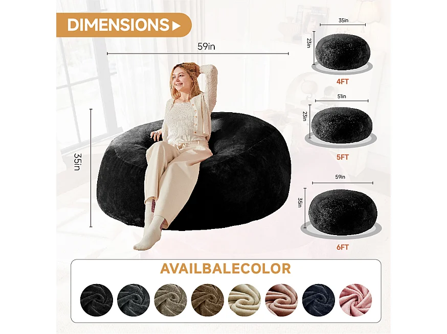 Sacs de siège géant ultra-confortable, rembourrage en mousse, noir (120x120x60cm)