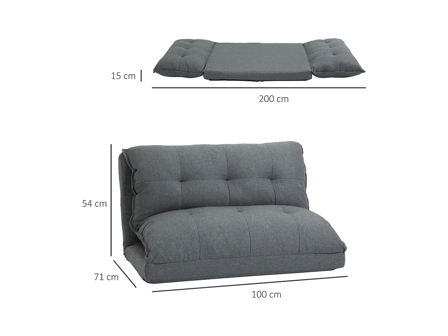 Canapé-lit 2-en-1 convertible, dossier réglable en 13 positions, métal, gris lin (100x71x54 cm)