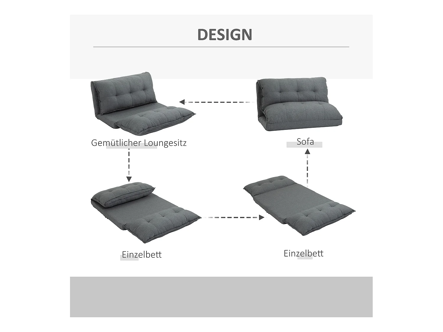 Canapé-lit 2-en-1 convertible, dossier réglable en 13 positions, métal, gris lin (100x71x54 cm)