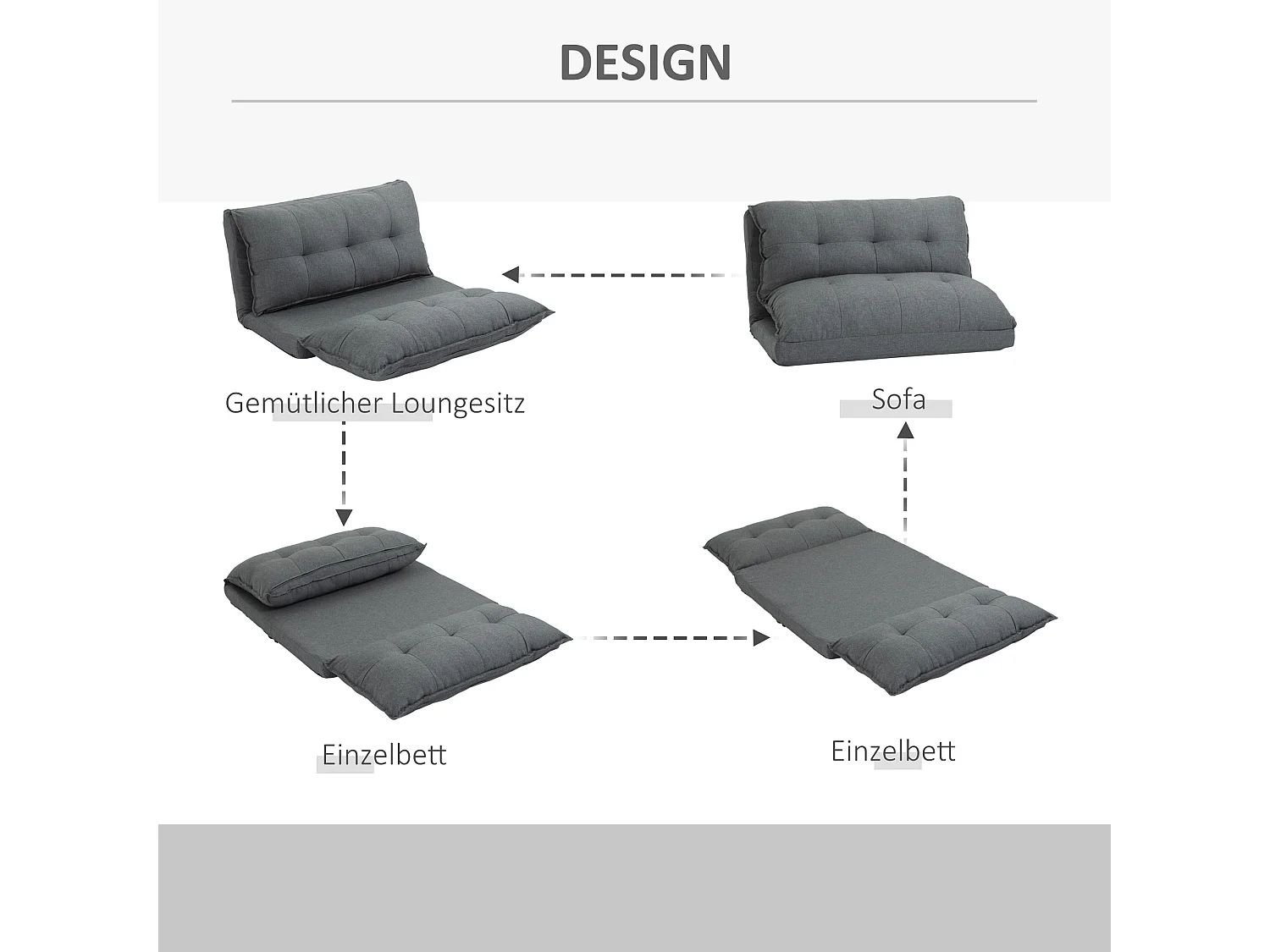 Canapé-lit 2-en-1 convertible, dossier réglable en 13 positions, métal, gris lin (100x71x54 cm)