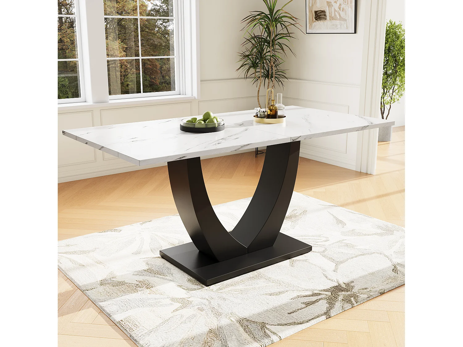 Moderne rechthoekige eettafel, marmerpatroon, MDF en metaal, wit/zwart, verstelbare poten (140x75,5x75,5 cm)