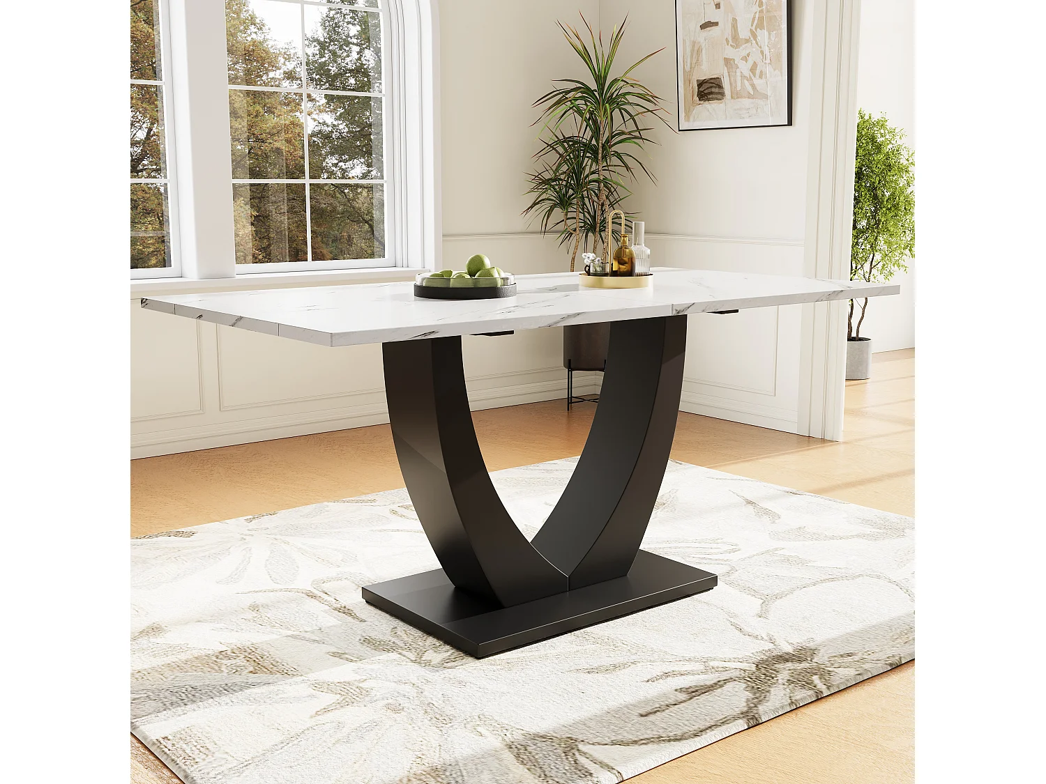 Moderne rechthoekige eettafel, marmerpatroon, MDF en metaal, wit/zwart, verstelbare poten (140x75,5x75,5 cm)