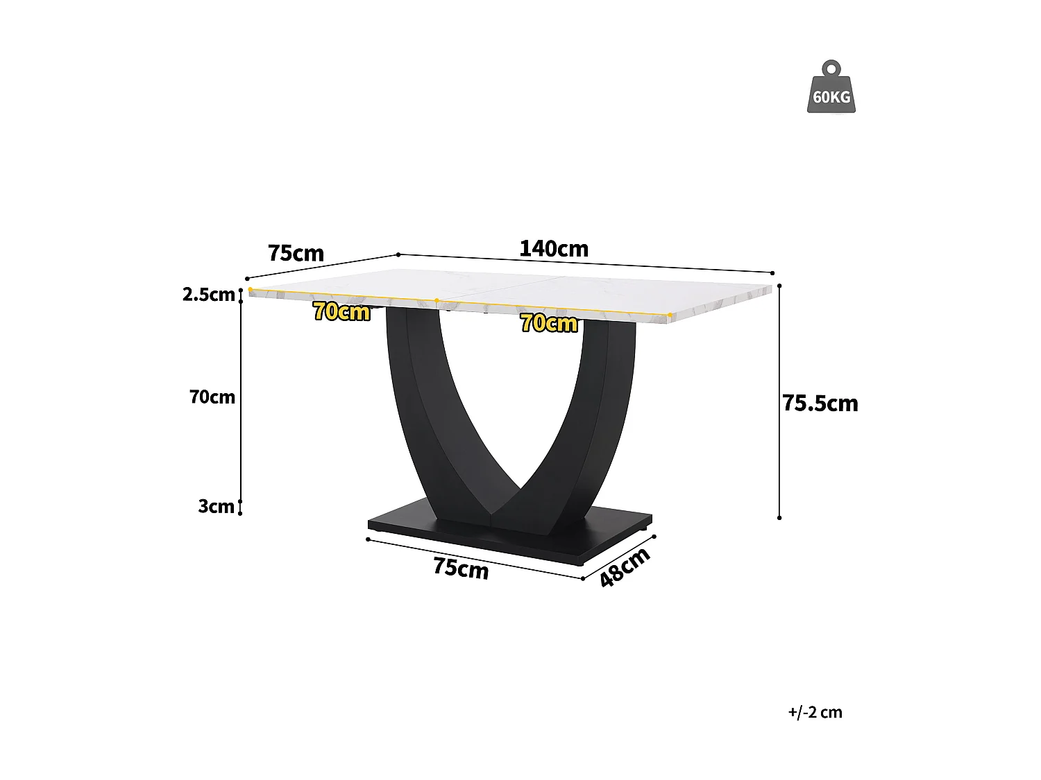 Moderne rechthoekige eettafel, marmerpatroon, MDF en metaal, wit/zwart, verstelbare poten (140x75,5x75,5 cm)