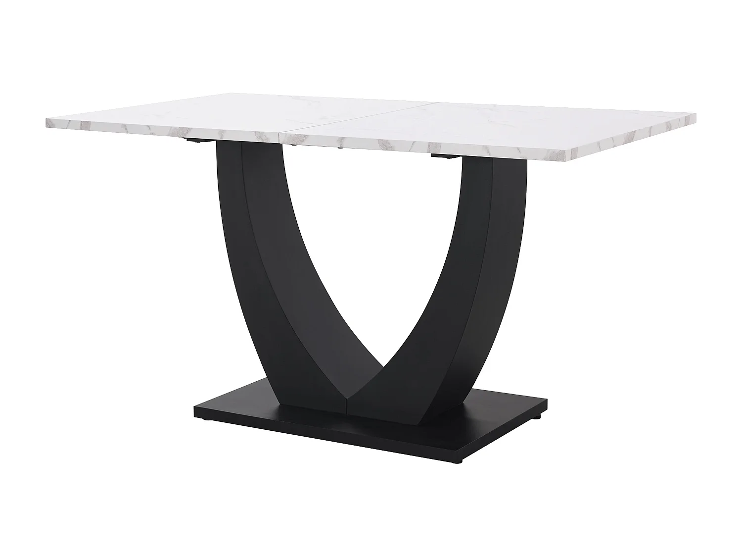 Moderne rechthoekige eettafel, marmerpatroon, MDF en metaal, wit/zwart, verstelbare poten (140x75,5x75,5 cm)