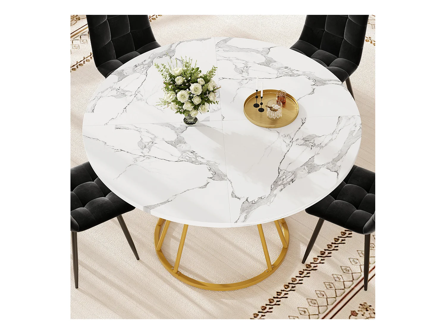 Mesa de comedor redonda, diseño moderno con patas de metal, tablero de MDF efecto mármol, dorado y negro (100x100x76cm)