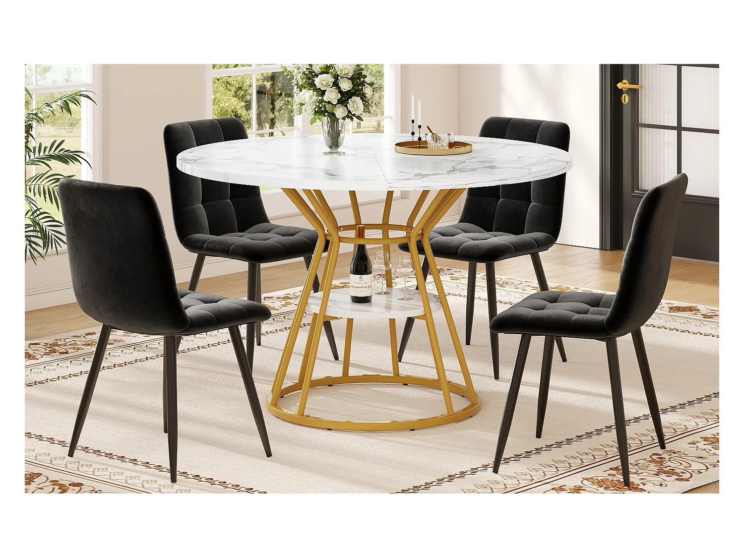 Mesa de comedor redonda, diseño moderno con patas de metal, tablero de MDF efecto mármol, dorado y negro (100x100x76cm)