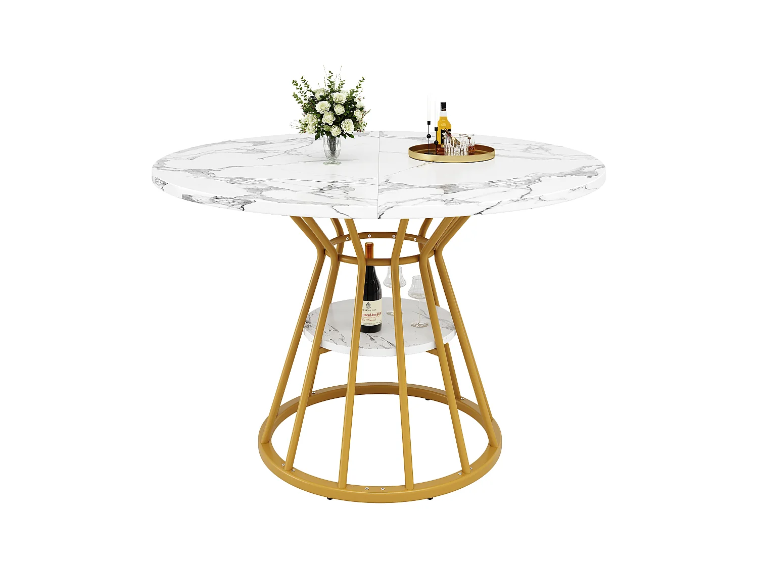 Mesa de comedor redonda, diseño moderno con patas de metal, tablero de MDF efecto mármol, dorado y negro (100x100x76cm)