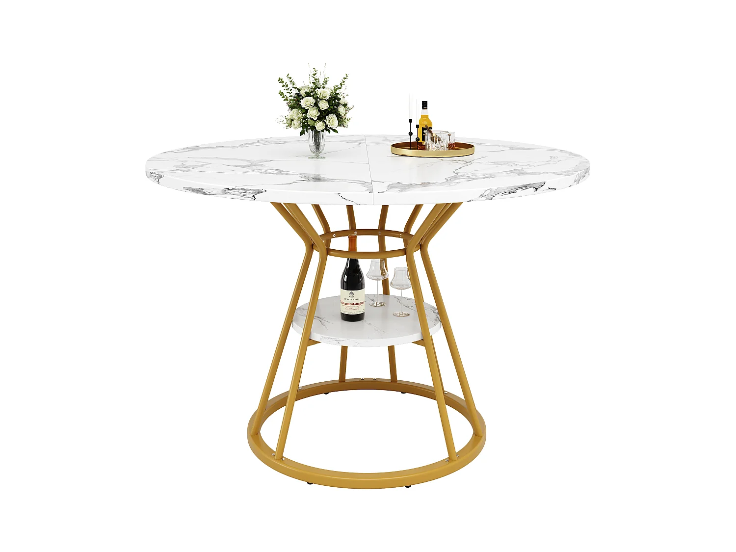 Mesa de comedor redonda, diseño moderno con patas de metal, tablero de MDF efecto mármol, dorado y negro (100x100x76cm)
