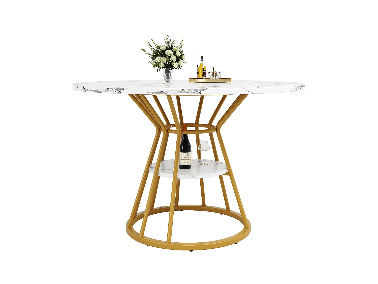 Mesa de comedor redonda, diseño moderno con patas de metal, tablero de MDF efecto mármol, dorado y negro (100x100x76cm)
