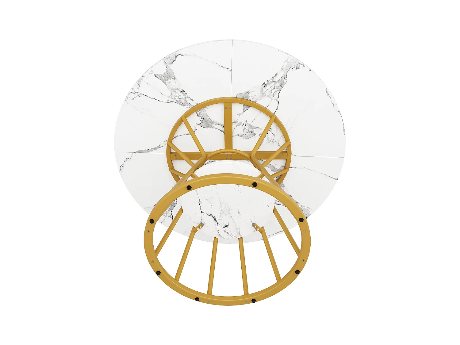 Mesa de comedor redonda, diseño moderno con patas de metal, tablero de MDF efecto mármol, dorado y negro (100x100x76cm)