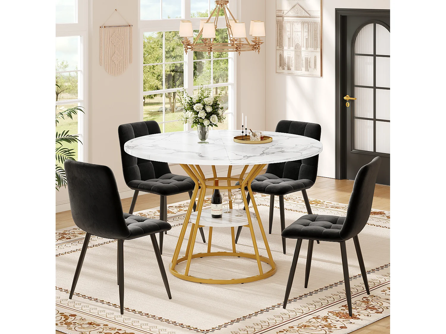 Table à manger ronde, design moderne avec pieds métalliques, plateau en MDF effet marbre, or et noir (100x100x76cm)