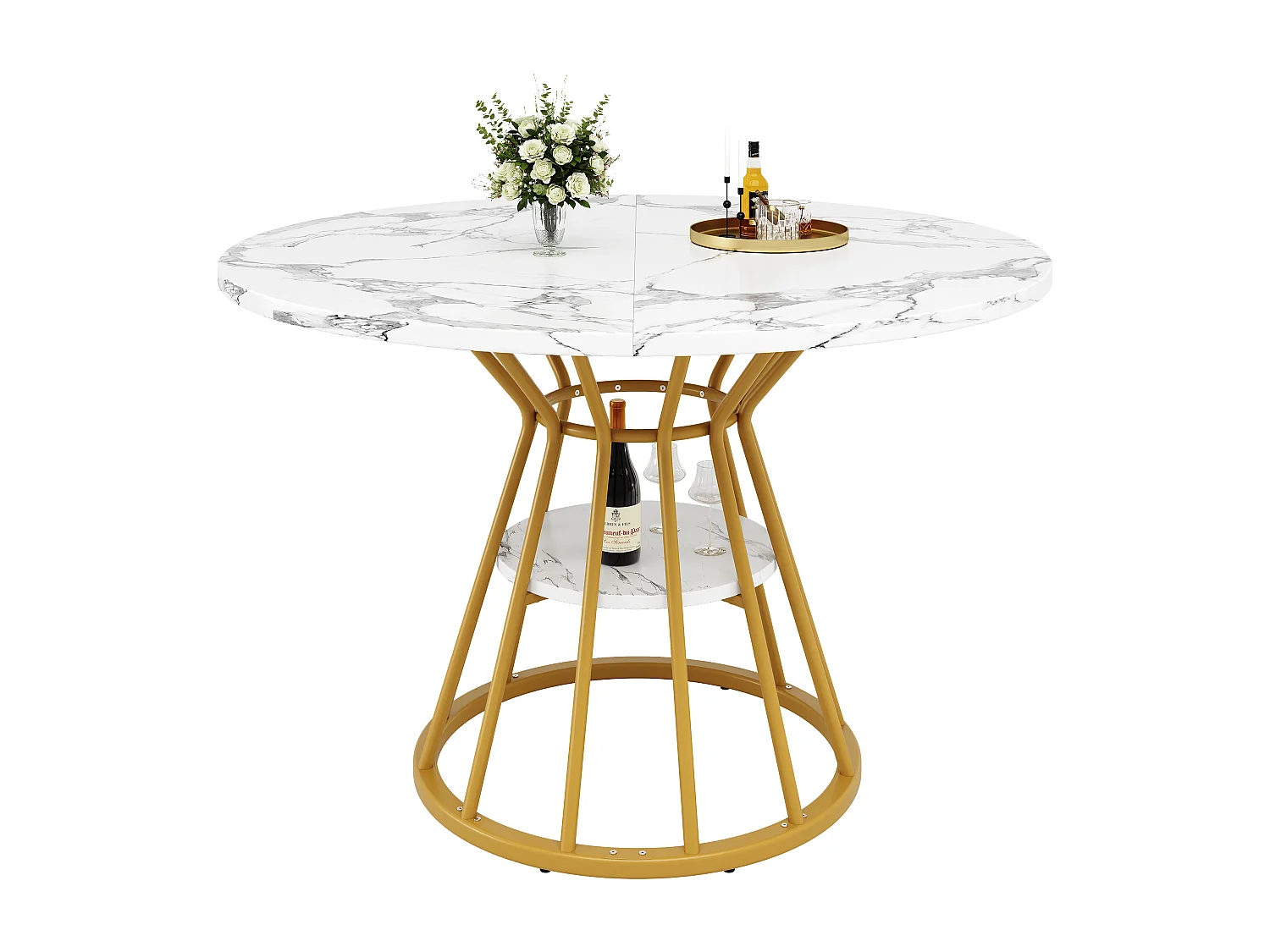 Table à manger ronde, design moderne avec pieds métalliques, plateau en MDF effet marbre, or et noir (100x100x76cm)