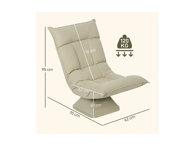 Fauteuil pivotant à 360° avec dossier réglable 5 positions, polyester, beige, pliable (70x62x95cm)