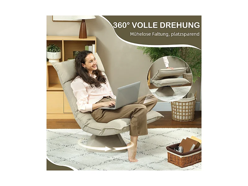Fauteuil pivotant à 360° avec dossier réglable 5 positions, polyester, beige, pliable (70x62x95cm)
