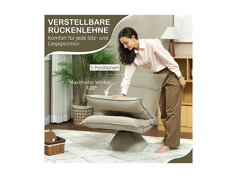 Fauteuil pivotant à 360° avec dossier réglable 5 positions, polyester, beige, pliable (70x62x95cm)