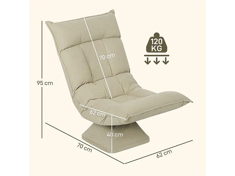 Fauteuil pivotant à 360° avec dossier réglable 5 positions, polyester, beige, pliable (70x62x95cm)