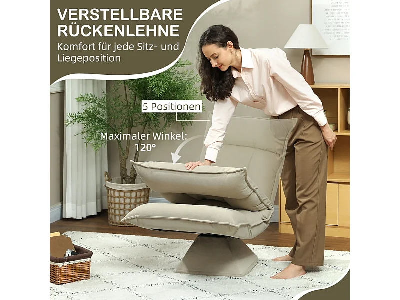 Fauteuil pivotant à 360° avec dossier réglable 5 positions, polyester, beige, pliable (70x62x95cm)