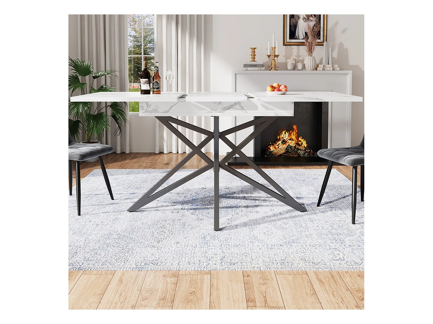 Tavolo da pranzo allungabile, design a stella, MDF e metallo, bianco (120x80x66,1cm)