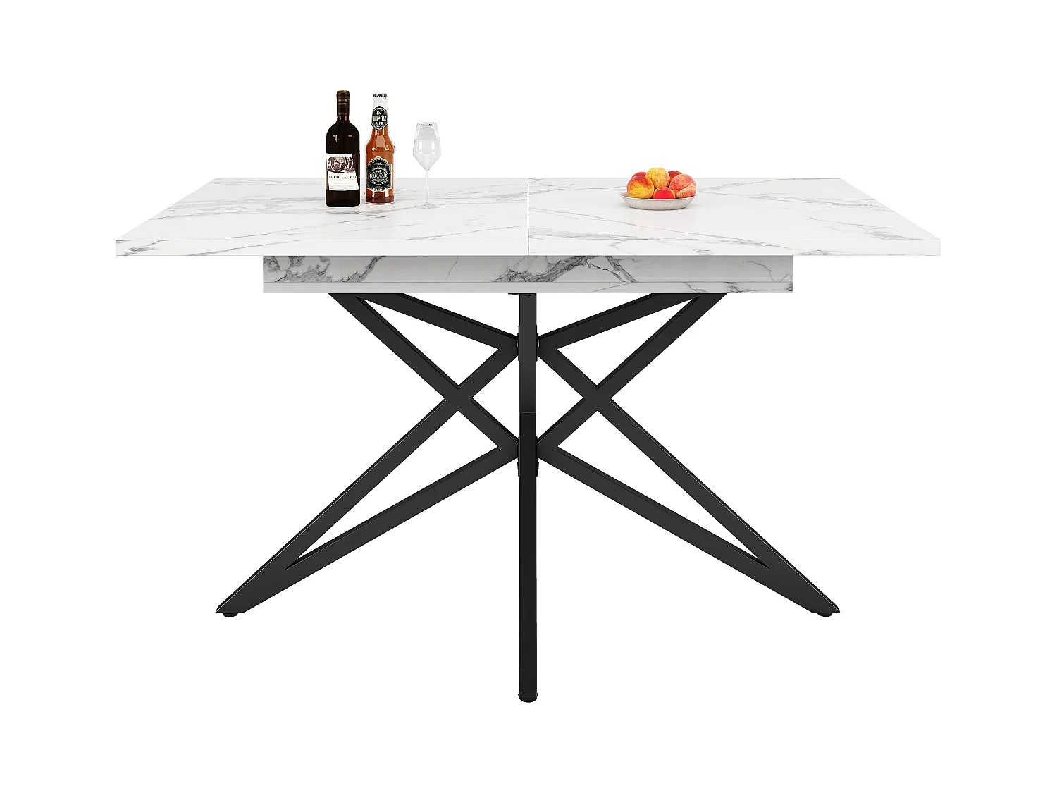 Tavolo da pranzo allungabile, design a stella, MDF e metallo, bianco (120x80x66,1cm)
