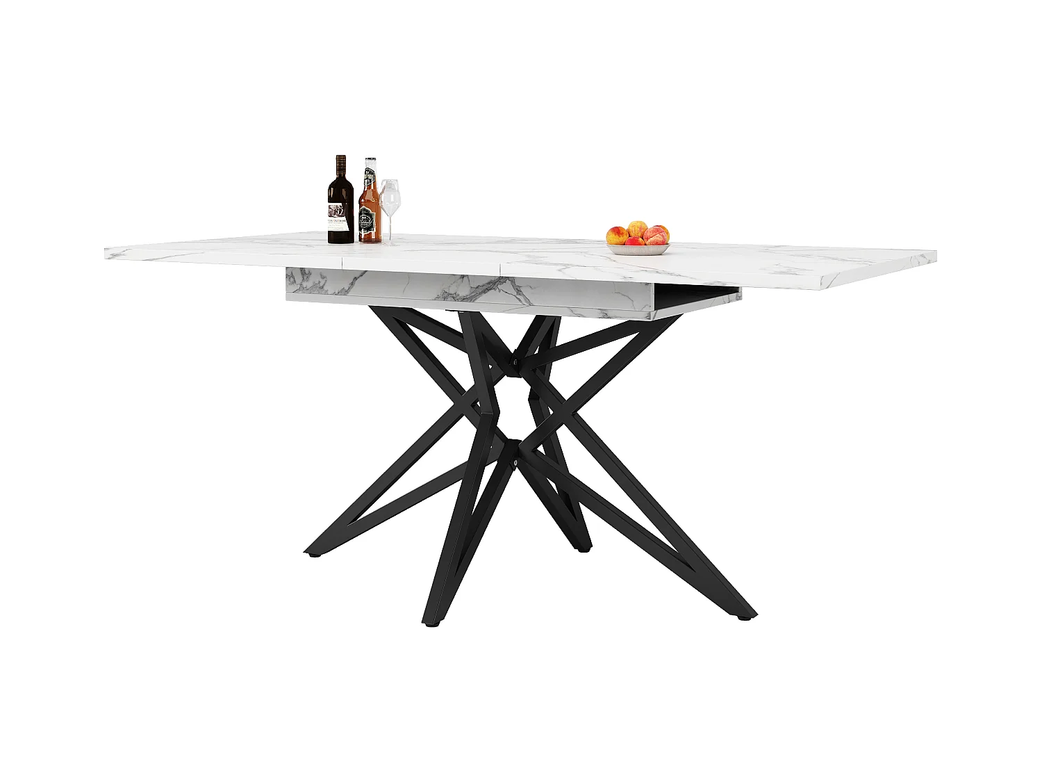 Tavolo da pranzo allungabile, design a stella, MDF e metallo, bianco (120x80x66,1cm)