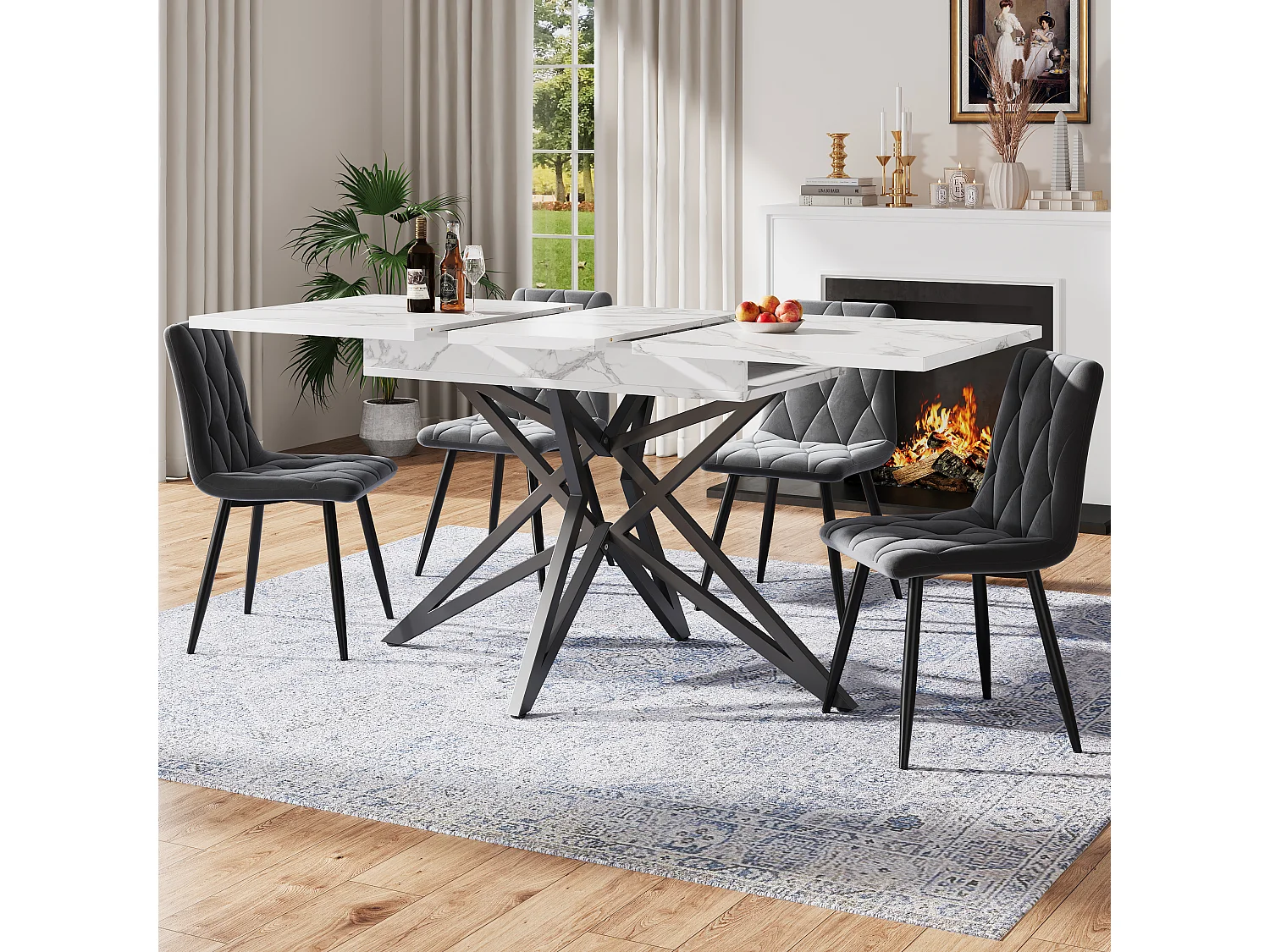 Table à manger extensible, design étoilé, MDF et métal, blanc (120x80x66.1cm)