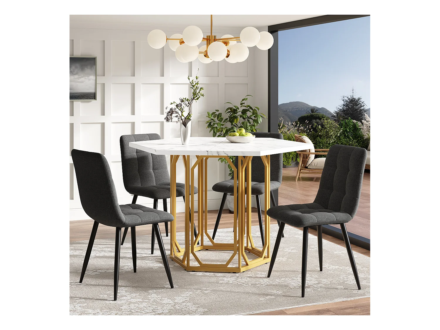 Table hexagonale design, plateau marbré, MDF et métal, doré (110.2x95.4x75.5cm)