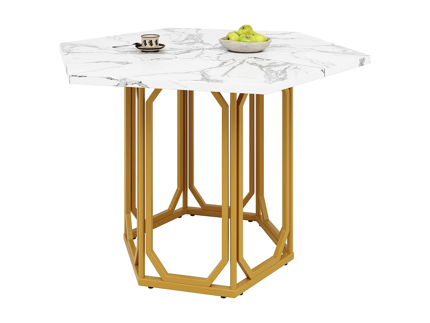 Table hexagonale design, plateau marbré, MDF et métal, doré (110.2x95.4x75.5cm)