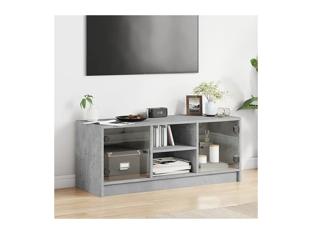 Meuble TV avec portes en verre gris béton 102x37x42 cm