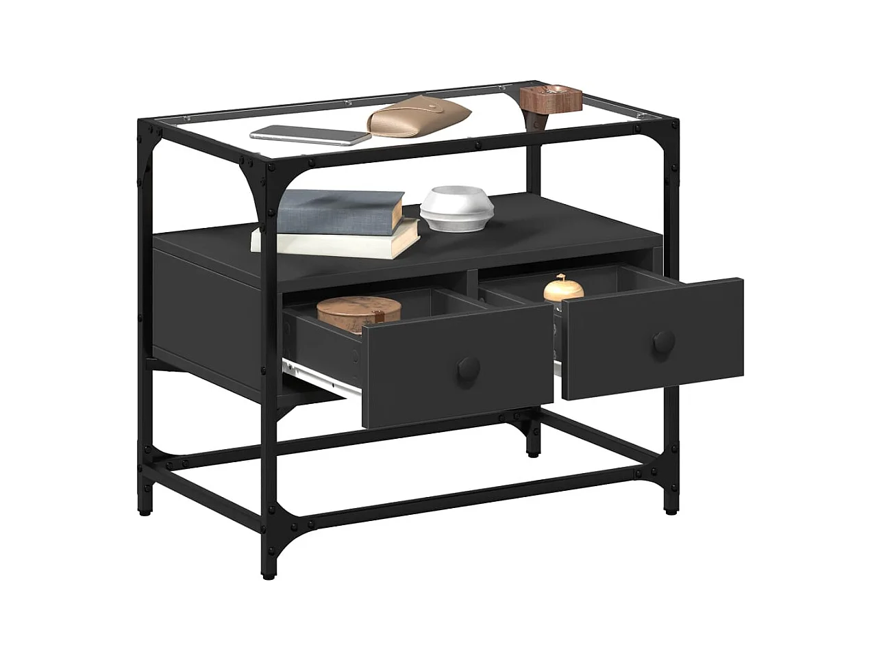 Meuble TV et dessus en verre noir 60x35x51 cm bois d'ingénierie