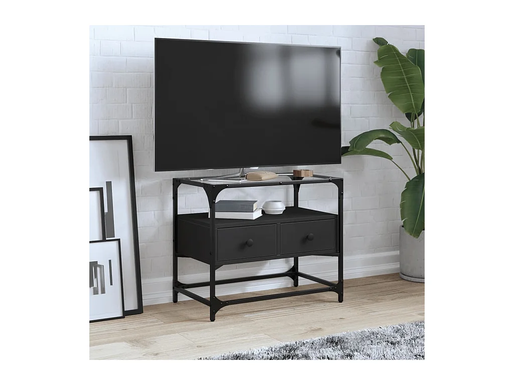 Meuble TV et dessus en verre noir 60x35x51 cm bois d'ingénierie