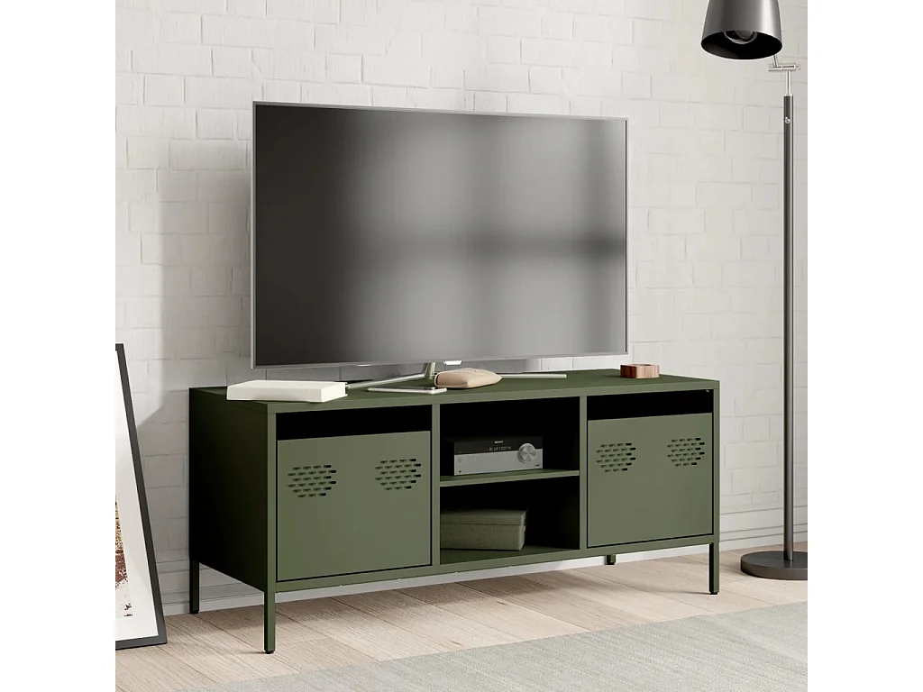 Meuble TV vert olive 101,5x39x43,5 cm acier laminé à froid