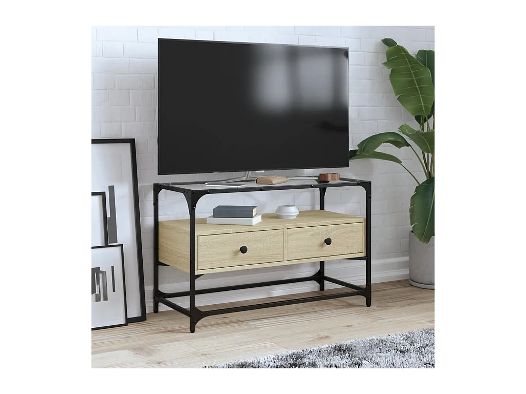 Meuble TV avec dessus en verre chêne sonoma bois d'ingénierie