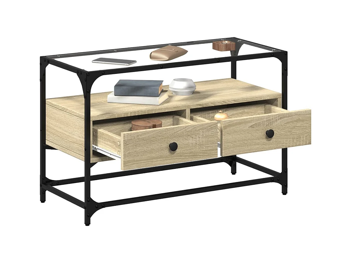 Meuble TV avec dessus en verre chêne sonoma bois d'ingénierie