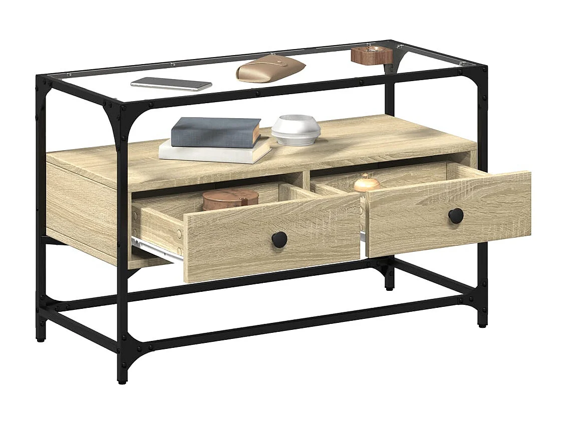 Meuble TV avec dessus en verre chêne sonoma bois d'ingénierie