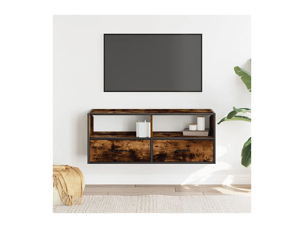 Meuble TV chêne fumé 100x31x39,5 cm bois d'ingénierie et métal