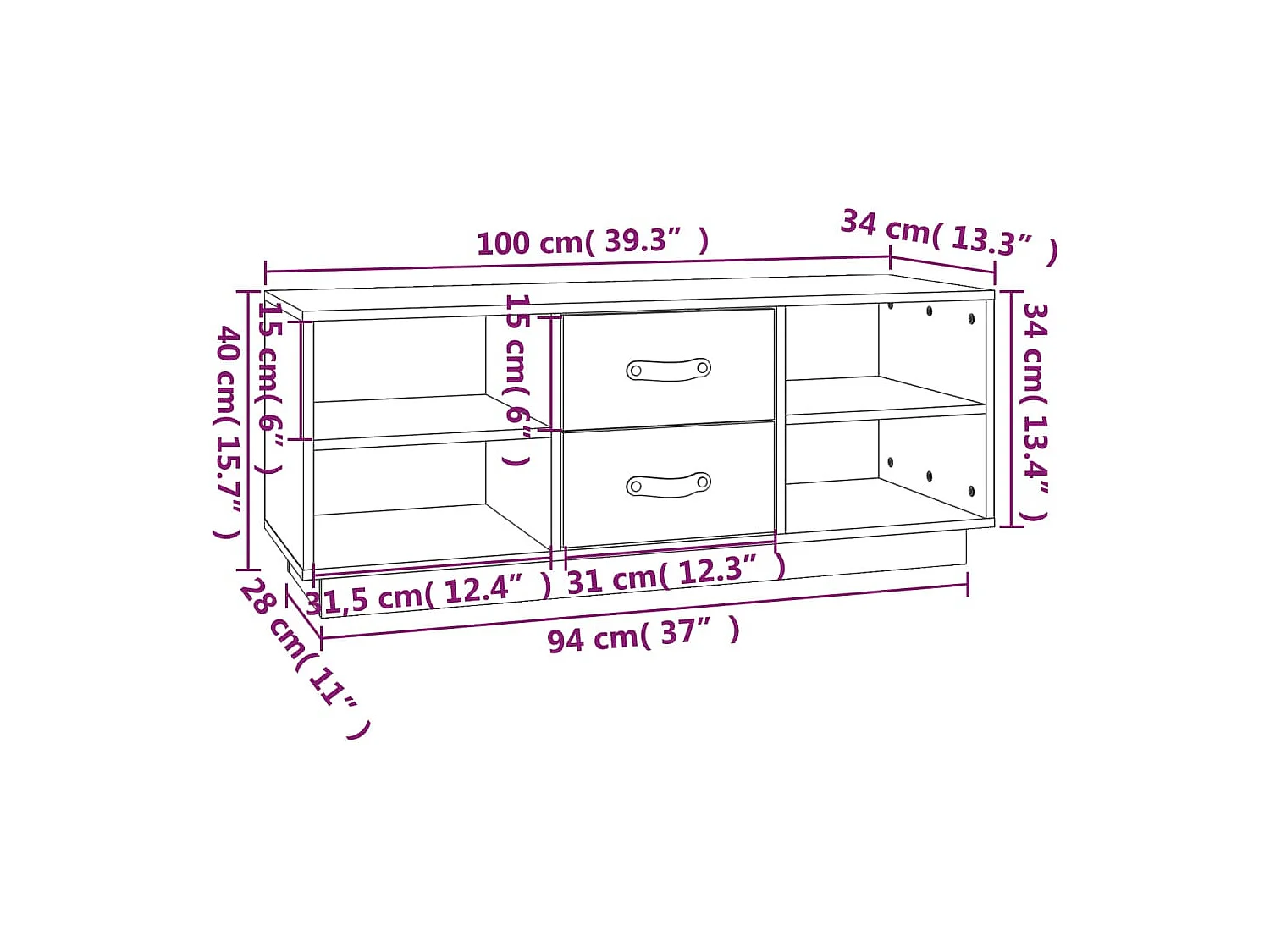 Weißer TV-Schrank 100x34x40 cm Massivholz Kiefer