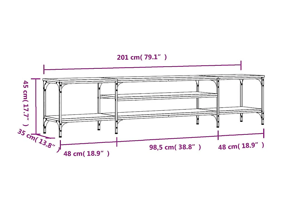 Mueble de TV roble ahumado 201x35x45 cm madera contrachapada y hierro