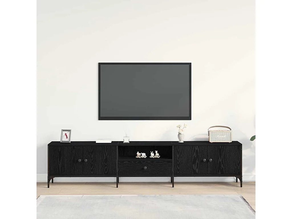 Meuble TV avec tiroir Noir Chêne 200x25x44 cm Bois d'ingénierie