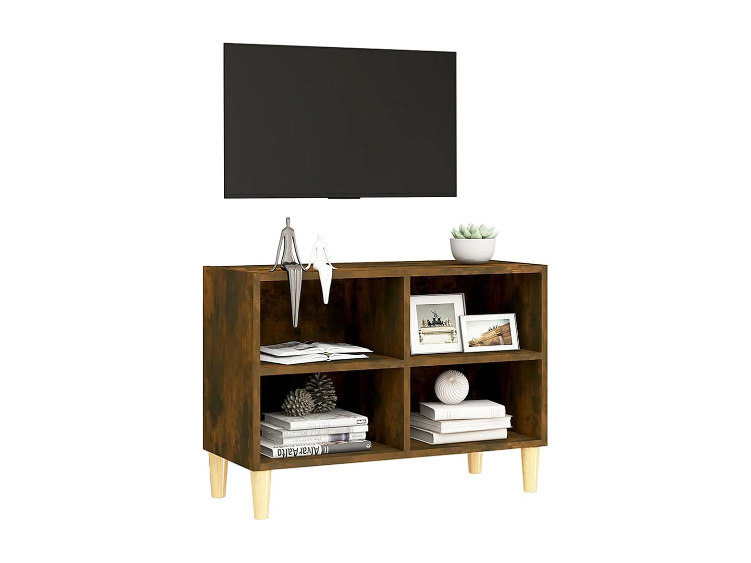 Meuble TV avec pieds en bois massif Chêne fumé 69,5x30x50 cm