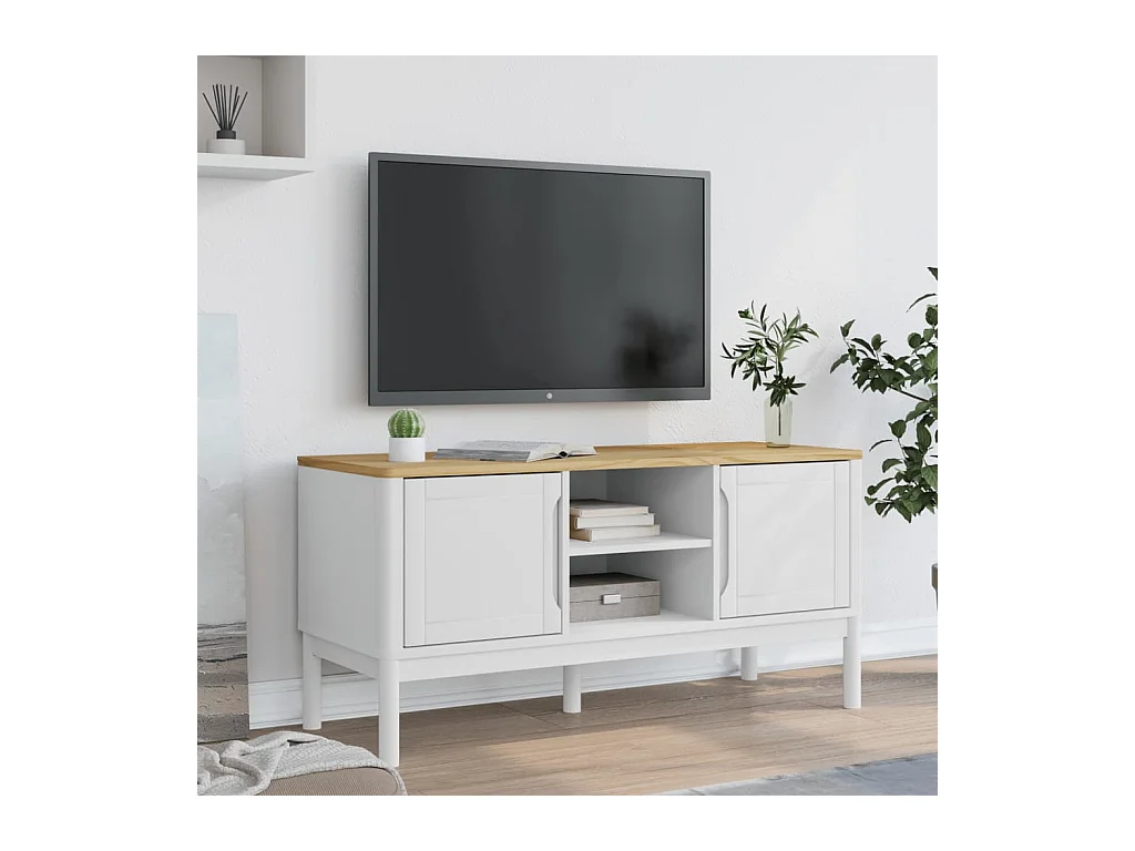 Meuble TV FLORO blanc 114x43x55 cm bois massif de pin